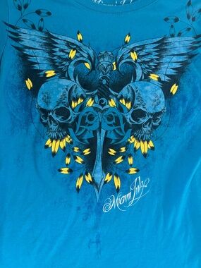 Woman’s Blue Miami Ink Graphic Skull & Wings Crew Neck T-Shirt